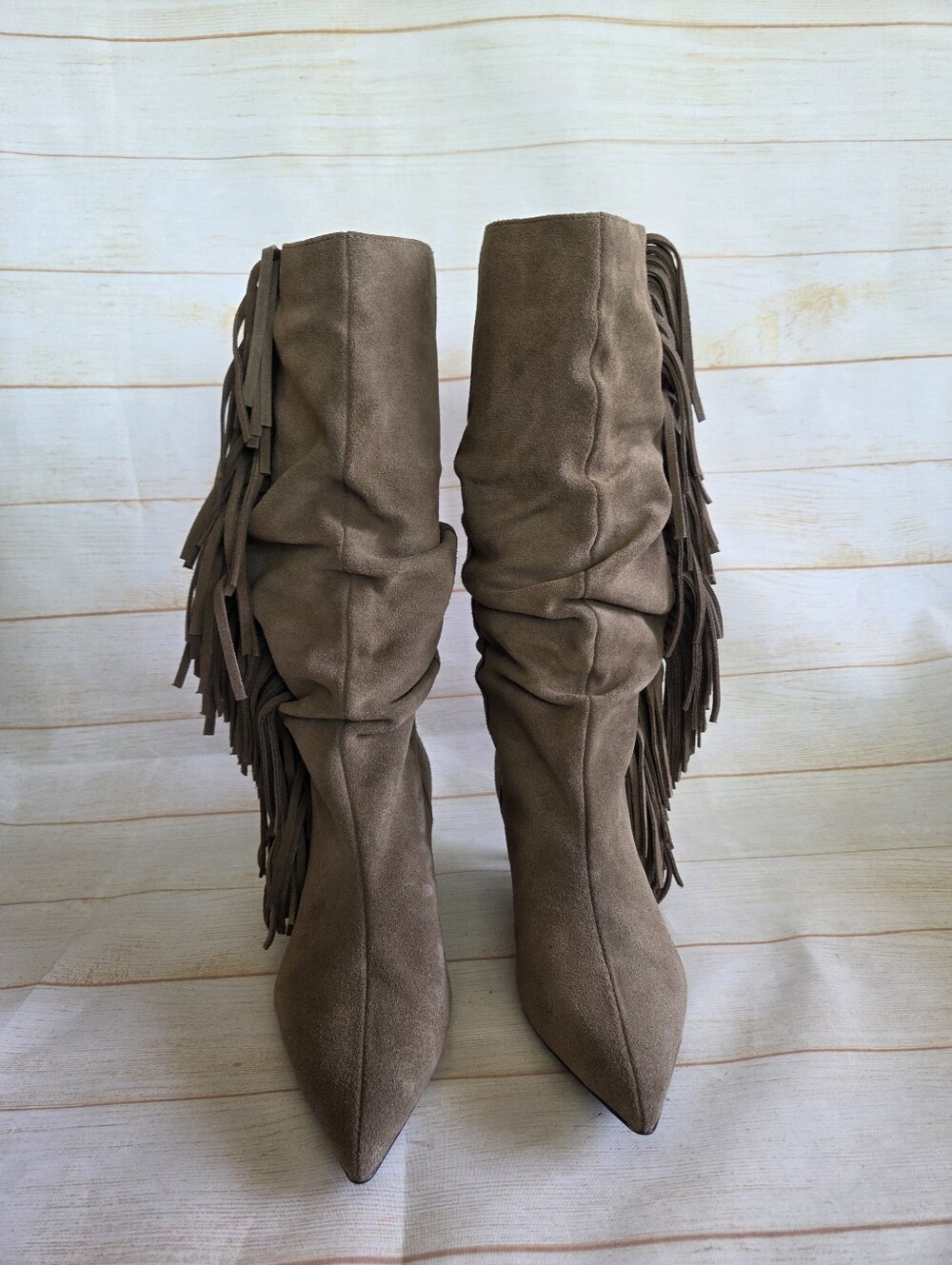 Zara Suede Fringe Ruched Pointy Toe Kitten Heel Boots Boho Brown Tan Size 38 - Picture 6 of 16